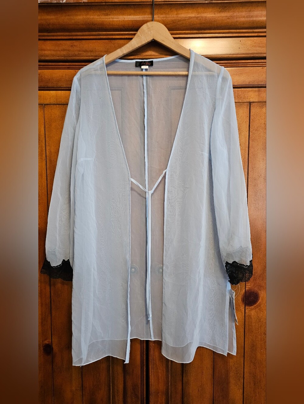 VTG Via Nicci Sheer Light Blue Kimono Duster Robe Lace Cuffs L/XL